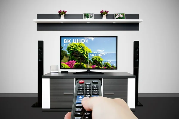 Watching television in modern TV room. Compare of television resolution