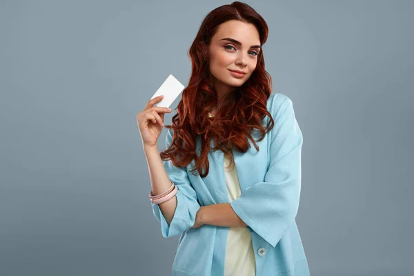 Happy Fashion Model Girl In Fashionable Clothes Showing Card