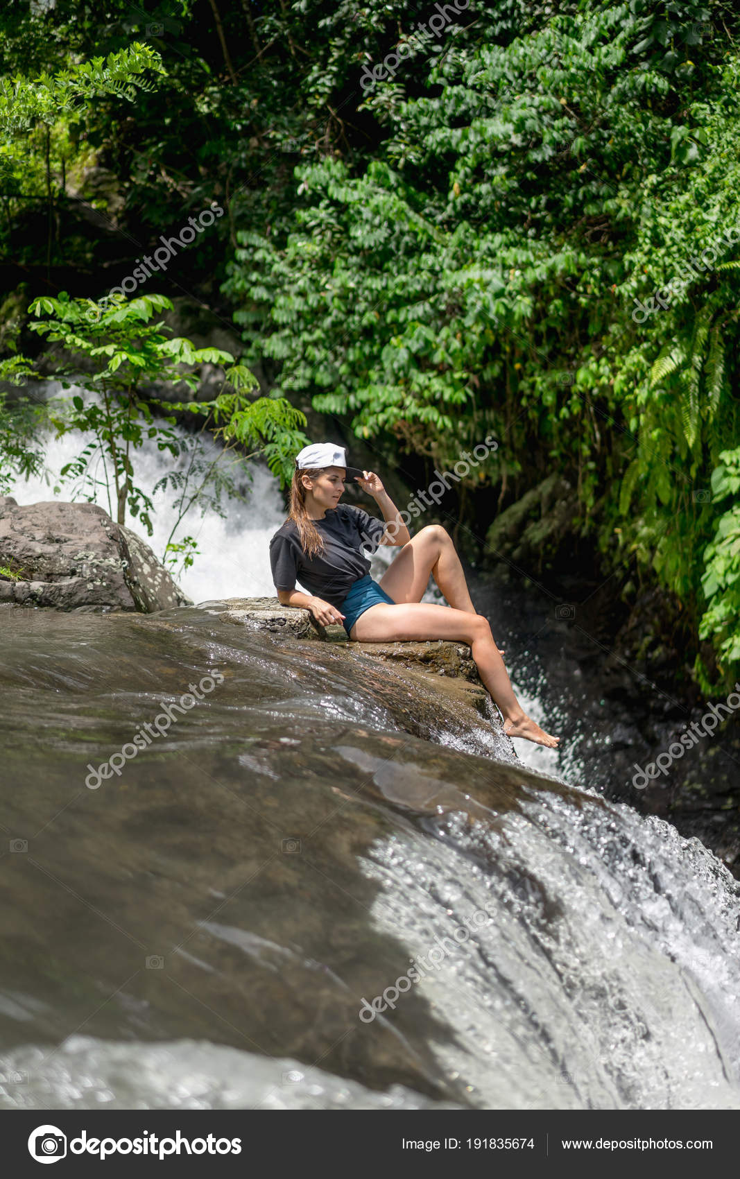 Side View Woman Cap Resting Rocks Aling Aling Waterfall Bali Free