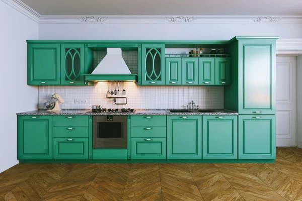 Wooden blue kitchen interior in classic style view 3 . 3d render