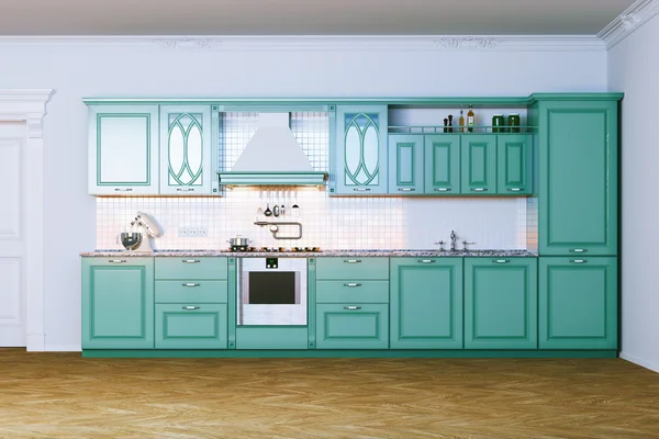 Wooden blue kitchen interior in classic style view 4 . 3d render