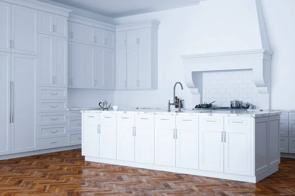 Classic white kitchen aid and white interior with wooden parquet