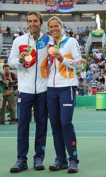 Bronze medalists Radek Stepanek (L) and Lucie Hradecka of Czech Republic during medal ceremony after tennis mixed doubles final of the Rio 2016 Olympic Games
