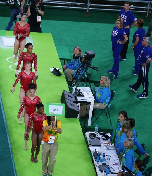 Team United States during an artistic gymnastics training session for Rio 2016 Olympics at the Rio Olympic Arena