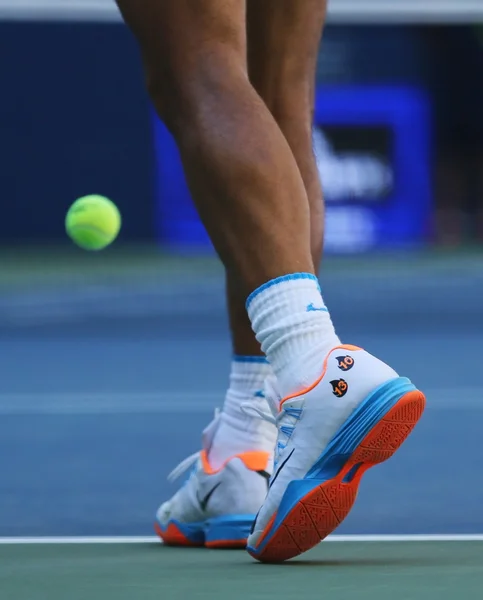 Grand Slam champion Rafael Nadal of Spain wears custom Nike tennis shoes during US Open 2016 first round match at Billie Jean King National Tennis Center