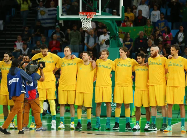 Team Australia during National Anthem before group A basketball match between Team USA and Australia of the Rio 2016 Olympic Games