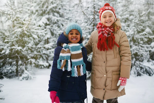 Affectionate little girls in winter park
