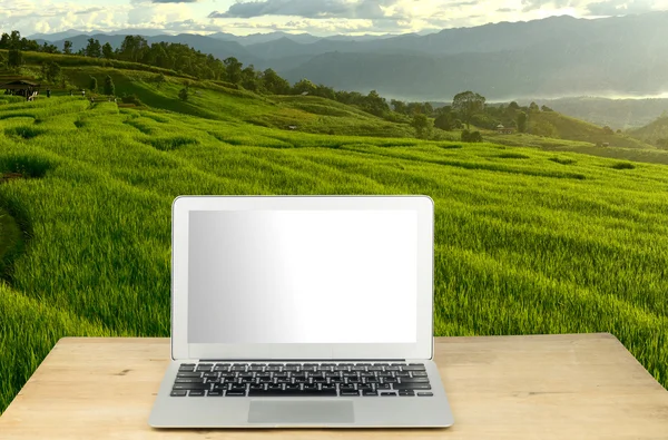 Laptop on wood table with Terraced rice field on Mountain backgr