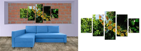 Blue sofa furniture and nature photo collage on brick wall. Hi r