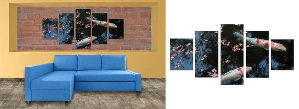 Sofa furniture and photo collage on brick wall. Hi resolution ph