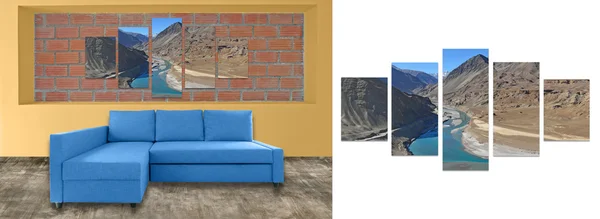 Sofa furniture and photo collage on brick wall. Hi resolution ph