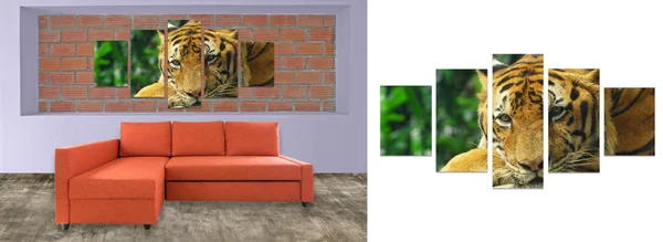 Orange sofa furniture and nature photo collage on brick wall. Hi