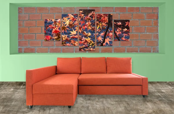 sofa furniture and nature photo collage on brick wall. Hi resol