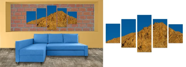 Sofa furniture and photo collage on brick wall. Hi resolution ph