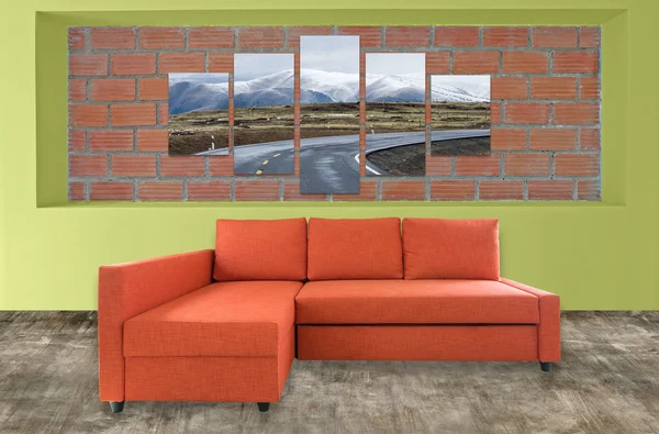 sofa furniture and nature photo collage on brick wall. Hi resol