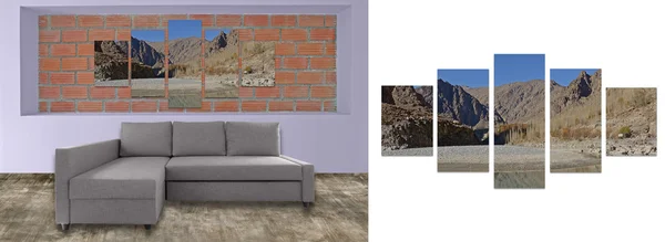 Sofa furniture and photo collage on brick wall. Hi resolution ph