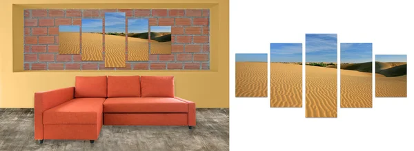 Sofa furniture and photo collage on brick wall. Hi resolution ph