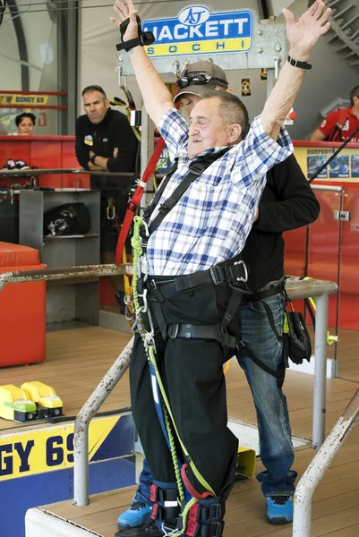 The old man is jumping swallow type from 69 metres height in the