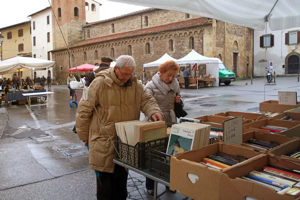 Second hand book stalls of street flea market in the historical