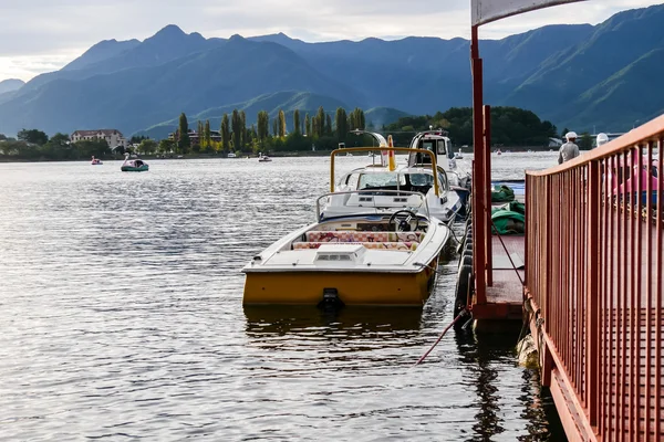 Speed boats in the lake of kawaguchiko in Japan