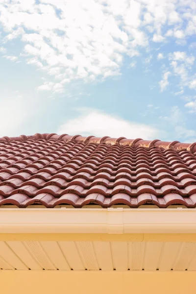 Roof tiles , rain gutter and windows against blue sky