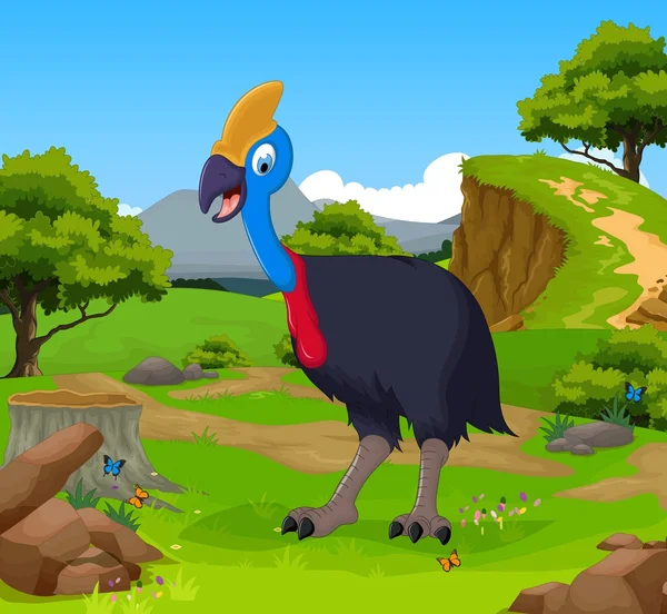 Funny peacock cartoon in the jungle with landscape background