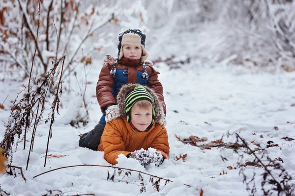 Two little children, boy brothers playing and lying in snow outdoors during snowfall. Active leisure with children in winter on cold days.