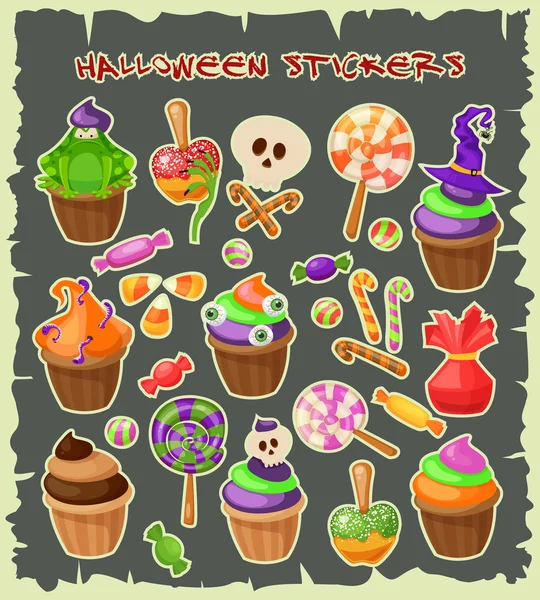 Haloween stickers. Traditional sweets and candies for holiday Halloween. Halloween candies isolated on white background. Retro cartoon style vector illustration.