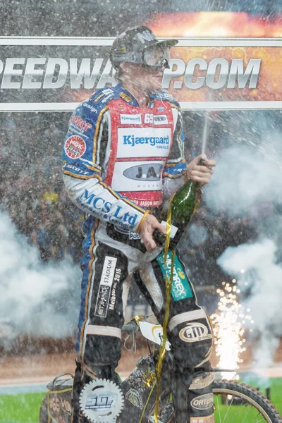 Winner Jason Doyle with Champagne and fireworks at Stockholm FIM
