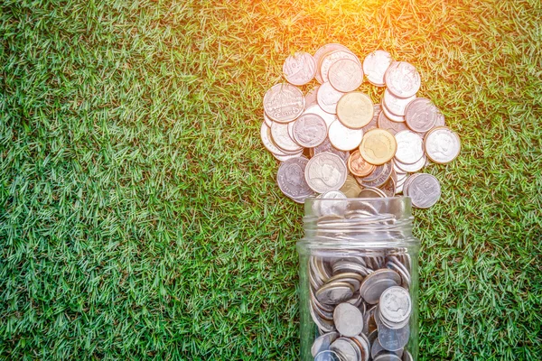 Coins in money jar on grass background