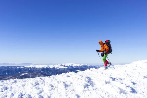 Winter hiking.Winter hiking in the mountains on snowshoes with a backpack and tent