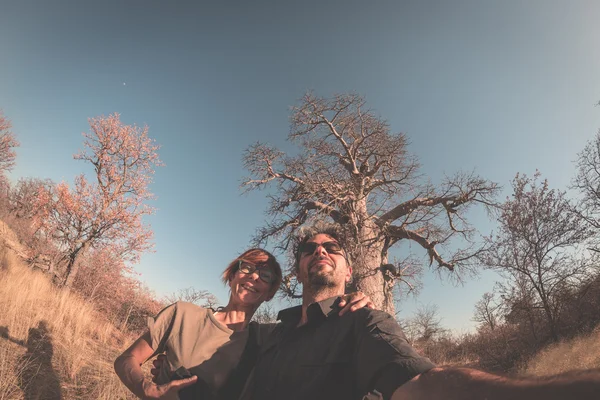 Couple taking selfie near Baobab plant in the african savannah with clear blue sky. Fisheye view from below, toned image. Wilderness safari and adventure in Africa.