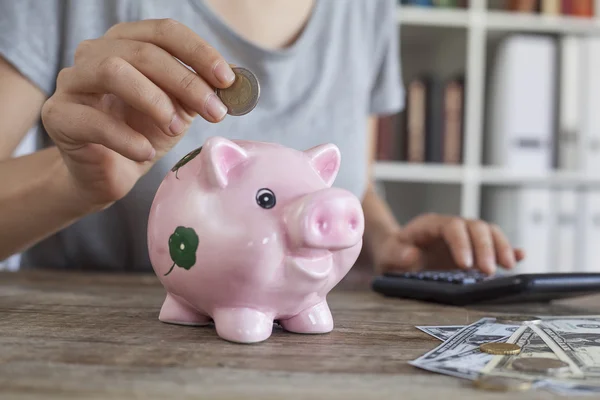 Putting coin in piggy bank
