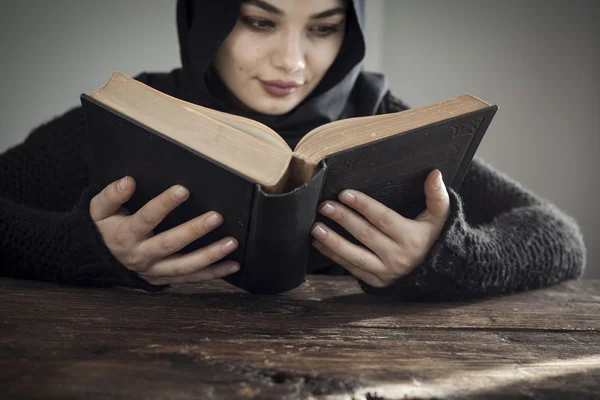 Muslim woman reading holy islamic book koran