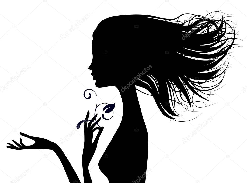 Black Silhouette Of Fine Naked Girl Head Half Face With Loose Hair