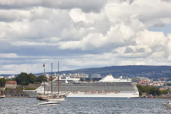 Norway. Oslo harbor with boats and cruise. Travel tourism backgr
