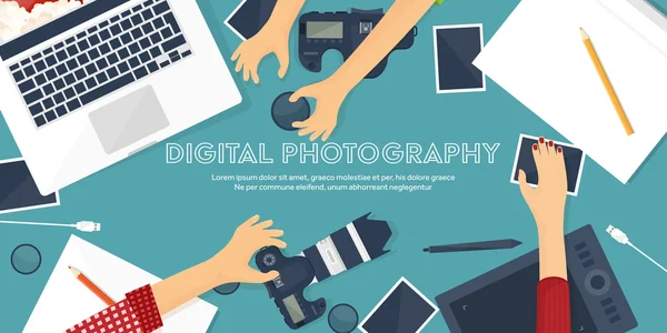 Photographer equipment on a table. Photography tools, photo editing, photoshooting flat background. Digital photocamera with lens. Vector illustration.