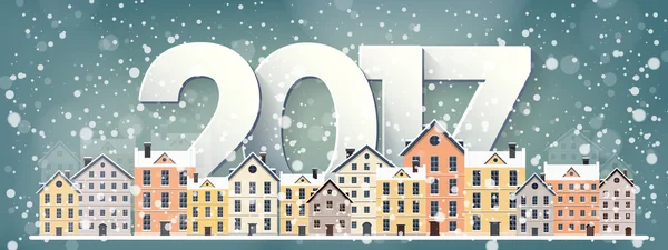 Vector illustration. Winter urban landscape. City with snow. Christmas and new year. Cityscape. Buildings.2017.