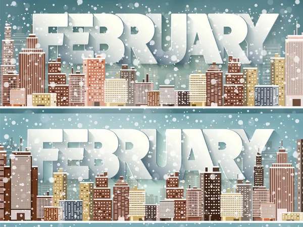 February month,winter cityscape.City silhouettes.Town skyline. Panorama. Midtown houses.New year,christmas.Holidays in January,December.