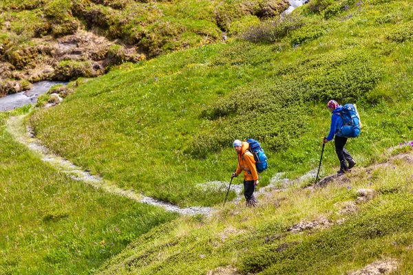 Young people are hiking in highlands of Altai mountains, Russia