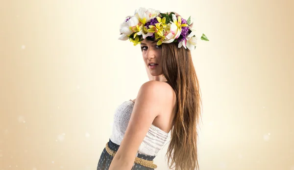 Model woman with crown of flowers