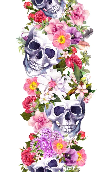 Human skulls with flowers. Seamless border. Watercolor frame