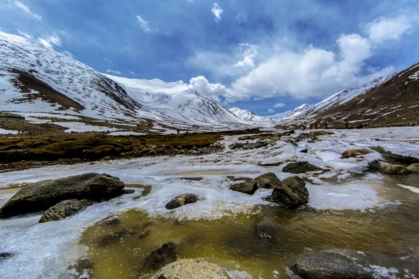 Along way at Khardung La Pass in Ladakh, India. Khardung La is a high mountain pass located in the Ladakh region of the Indian state of Jammu and Kashmir. The elevation of Khardung La is 5,359 m.