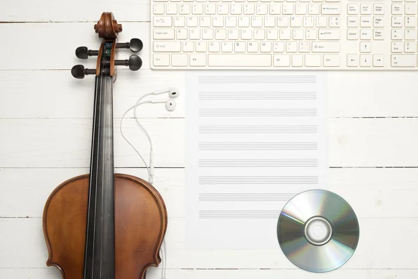 Violin with keyboard computer music paper note and dvd disc