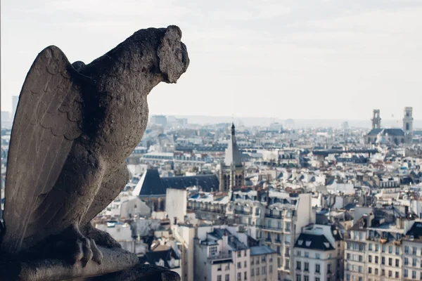 PARIS, FRANCE: aerial view of Paris center from top of Notre Dame de Paris with chimera statue on a day time, France circa February 2012.