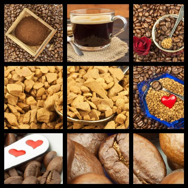 Coffee Collage. Advertising for the sale of coffee. Detailed views of different types of coffee. Decorate store coffee.