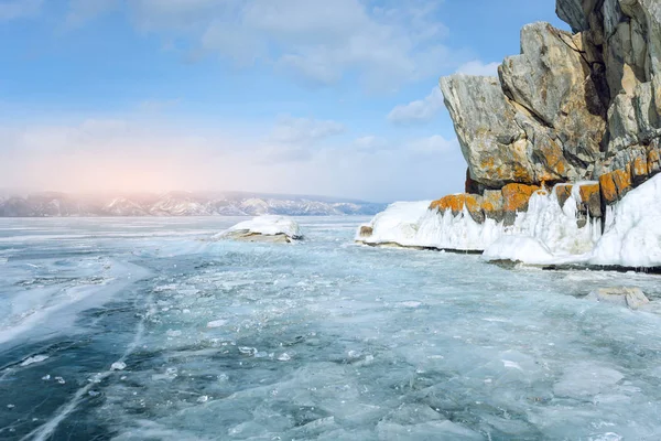 Scenic view of the frozen lake Baikal during winter