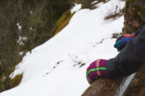 Hands Woman in Winter gloves Winter, on the wooden fence with sn