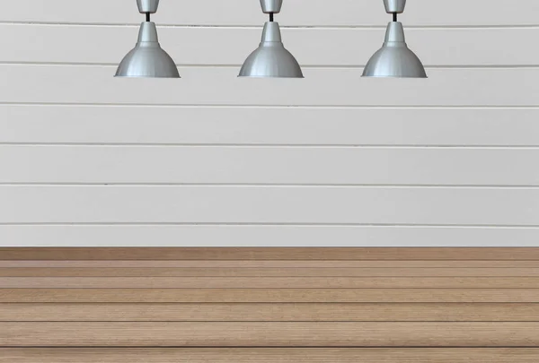 Silver lamps on the ceiling and a backdrop on a white wooden wal