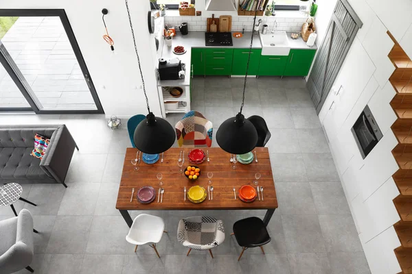 Modern dining room and kitchen - top view